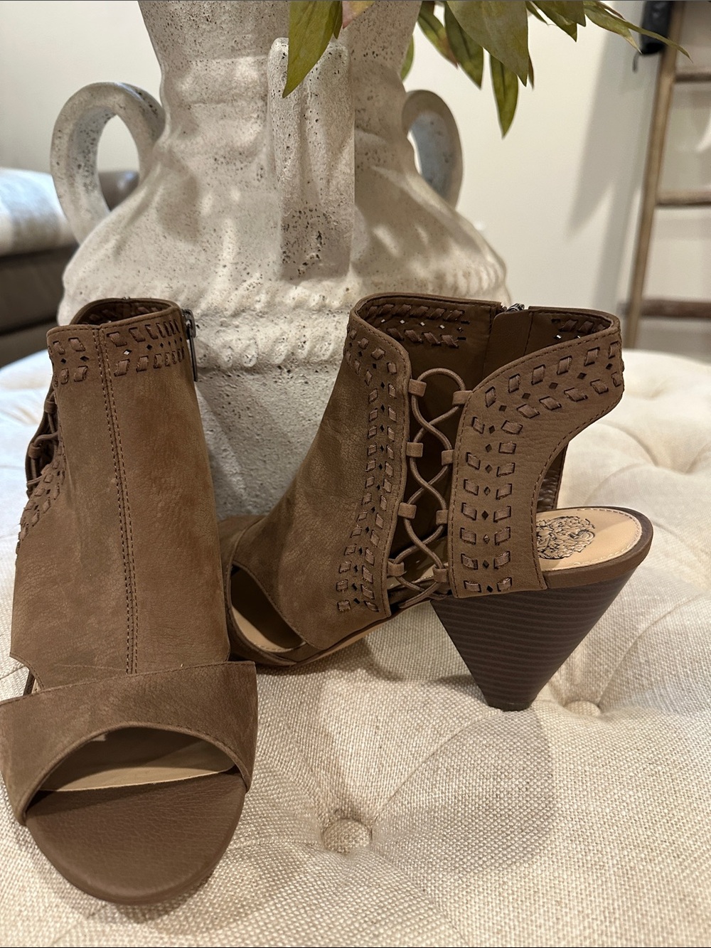 Vince Camuto Brown Suede Lace-Up Peep Toe Cone Heel Sandals